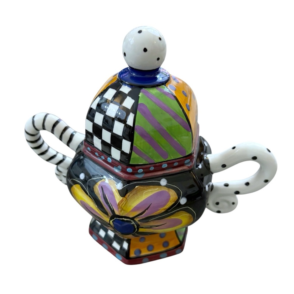 Prospero Designworks Whimsical Sugar Bowl Lid Handles Geometric Hand Painted 6"